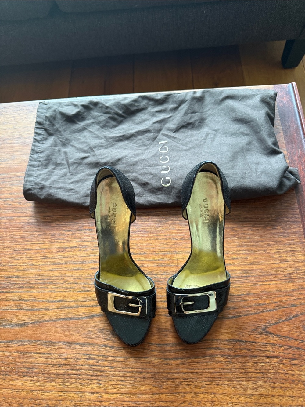 Gucci Black Open-Toe Heels with Gold Buckle